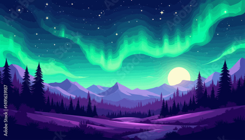 Northern Lights over Snowy Mountain Forest at Night