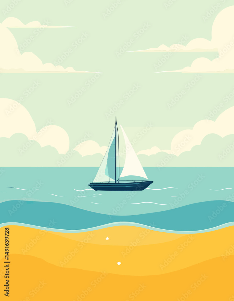Sailboat on Calm Sea with Sandy Beach and Cloudy Sky Sailboat on Calm Sea with Sandy Beach and Cloudy Sky