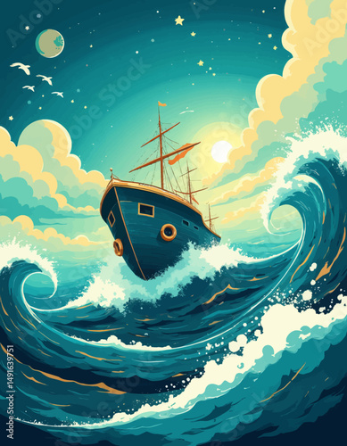 Sailing Ship Conquering Stormy Seas with Moonlight