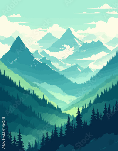 Serene Mountain Peaks in Misty Forest Valley
