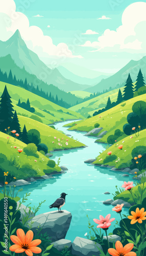 Serene Mountain River with Bird and Wildflowers