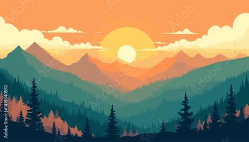 Serene Mountain Sunset with Pine Trees and Golden Sky