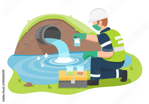 Industrial wastewater quality control by environmental technician collecting samples near drainage outlet in flat style illustration