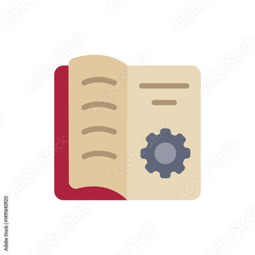 Technical documentation icon displaying gear, open book, instructions, isolated