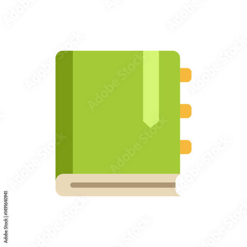 Lime-tinted repository of knowledge, featuring a bookmark and page indicators