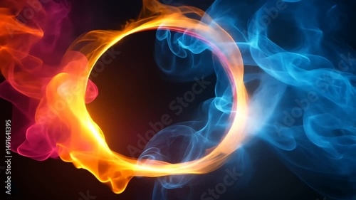 Vibrant swirling flames and smoke forming a circular shape against a dark backdrop