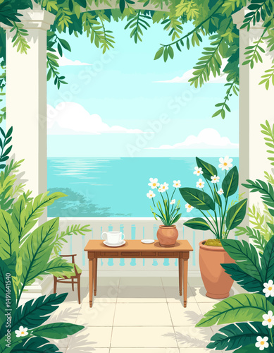 Tropical Balcony Serenity: Ocean View with Potted Plants