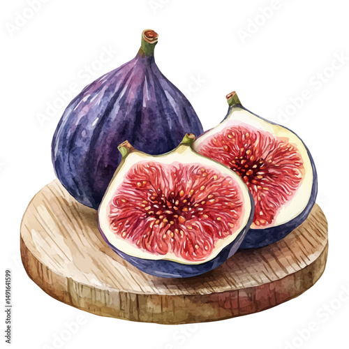 Fresh Fig On A Wooden Board, watercolor painting vector, high quality, isolated on a white background.