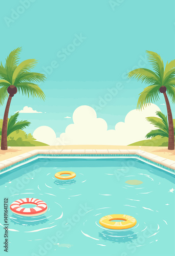Tropical Pool Paradise with Floating Rings and Palm Trees