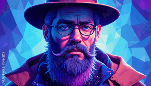 Wise Gentleman in Thoughtful Contemplation, Blue Geometric Background