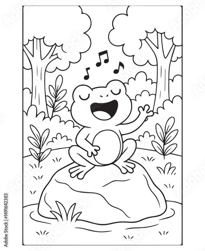 Coloring book Melodious frog serenades the forest