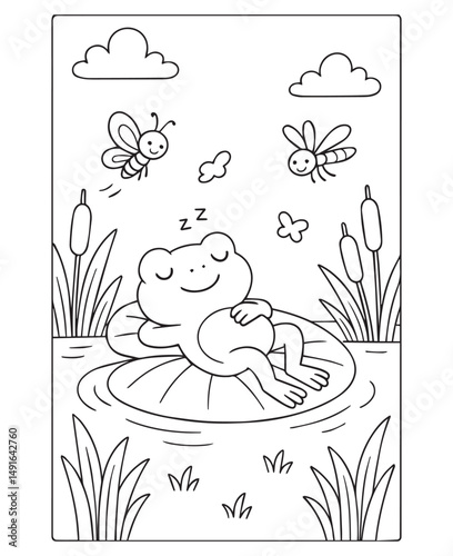 Coloring book frog on a lily pad extends its tongue to catch a fly in a pond with grass and reeds