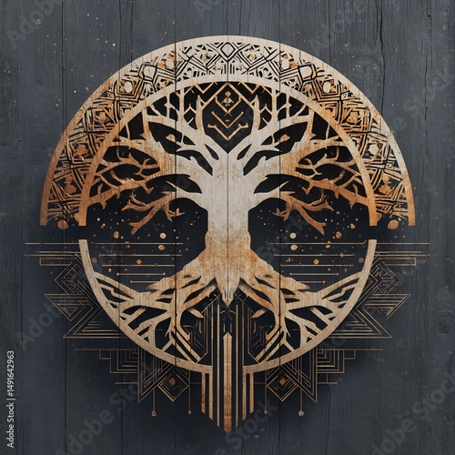 Woodcut Tree of Life Illustration with Geometric Ornamentation for Design