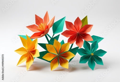 Vividly coloured paper flowers are arranged in vases with a white surface