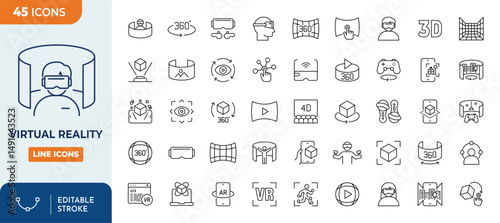 Virtual reality line editable icon set. Containing VR, AR, augmented reality, headset, mixed reality, 360 degree and more. Editable stroke. Vector illustration