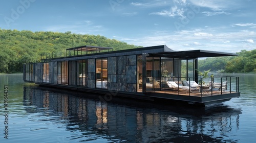 Floating Home Haven Modern Houseboat on Serene Lake with Luxury Living.