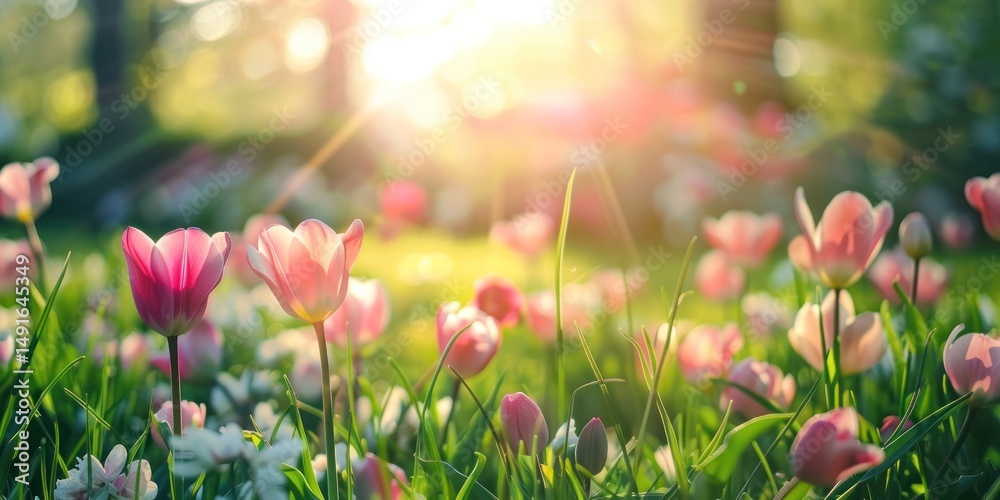 Fototapeta premium A vibrant pink and white tulip field with sunlight filtering through the flowers, creating a warm and inviting atmosphere.