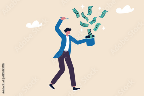 Get rich fast, make money or profit from investment,FED or central bank stimulation money, financial or wealth advisor concept, businessman magician using magic wand to make money from magical hat.