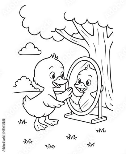 Coloring book cute duck looking at the mirror under the tree