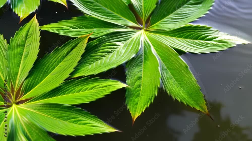 Bright green leaves with pointy edges floating gently on calm water surface creating a natural and peaceful scene.