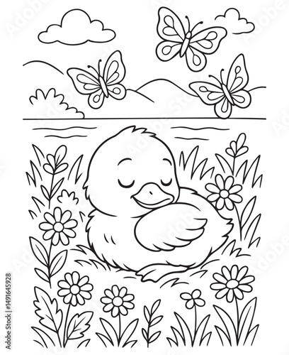Coloring book swan naps among vibrant spring flowers, with butterflies dancing overhead, 