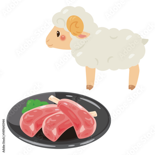 皿に盛られたラム肉とヒツジのイラスト