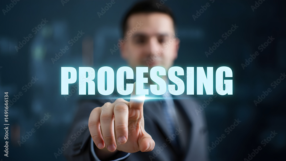 Processing data information technology business man touching screen interface concept 100 Processing data information technology business man touching screen interface concept 100