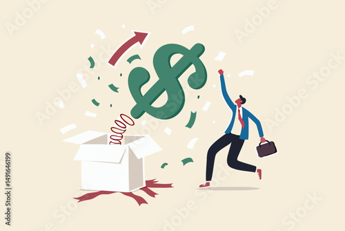 Surprise money or reward, bonus or salary raise, investment profit, dividend or high return stock, lucky giveaway or winning prize concept, happy businessman jumping high opening surprise money box.