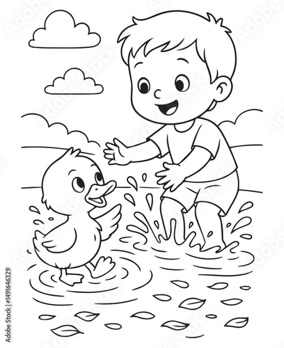 Coloring book boy and a duckling enjoying a splash in the water.