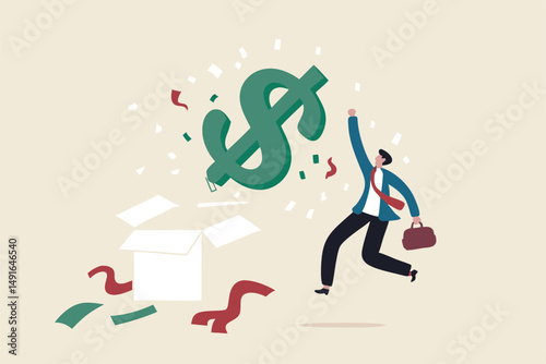 Surprise money or reward, bonus or salary raise, investment profit, dividend or high return stock, lucky giveaway or winning prize concept, happy businessman jumping high opening surprise money box.