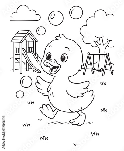 Coloring book swan stands cheerfully on the ground.