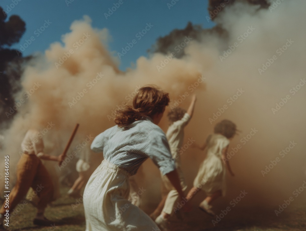 Obraz premium Nostalgic Vintage Summer Memories Hazy Atmospheric Childhood Play Scene Capturing Retro Innocence and Cinematic Emotional Landscape of Generational Experience
