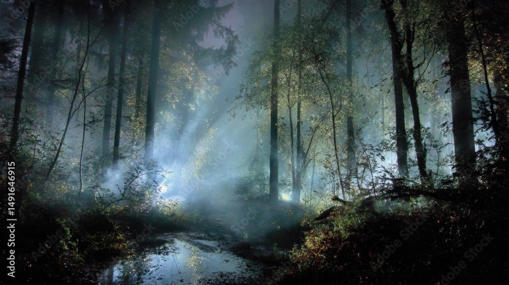 Fototapeta premium Mysterious forest at night, misty and mysterious atmosphere, a small stream flowing through the trees, ethereal glow from distant lights creating an otherworldly feeling.
