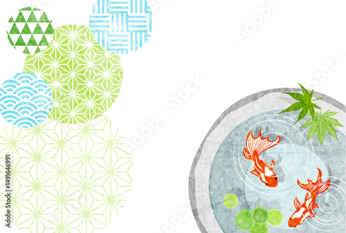 暑中見舞いはがき、横、和風、金魚、かわいい、イラスト、背景、夏