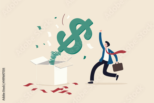 Surprise money or reward, bonus or salary raise, investment profit, dividend or high return stock, lucky giveaway or winning prize concept, happy businessman jumping high opening surprise money box.