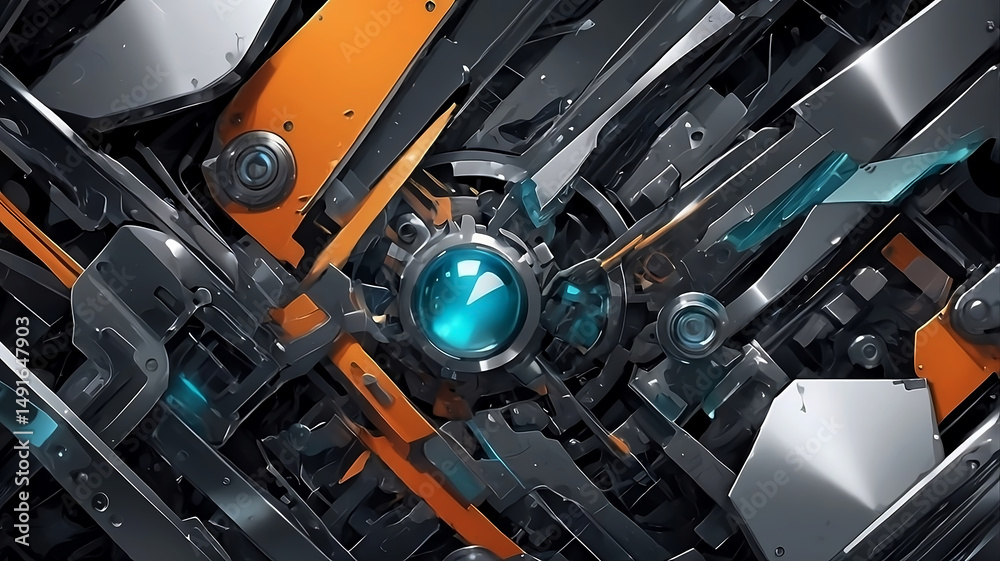 Fototapeta premium futuristic tech mechanical abstract background orange blue 3d render
