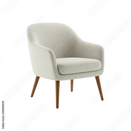 Cream-colored, upholstered arm chair with simple lines and wooden legs, presenting a minimalist design style.  The chair is highlighted, against a blurred background.