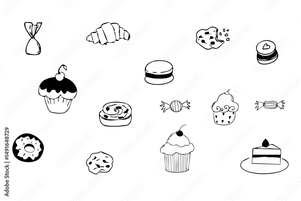 Fototapeta premium Dessert doodle icon set, breakfast bun, donut cupcake and candies sketch hand drawn. Line sweet food scribble texture cafe menu decorations.
