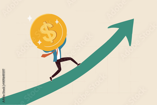 Sales increase, investment growth or earning and profit rising up, salary or revenue growing, financial prosperity concept, strong businessman investor carry golden money coin walk up rising up graph.