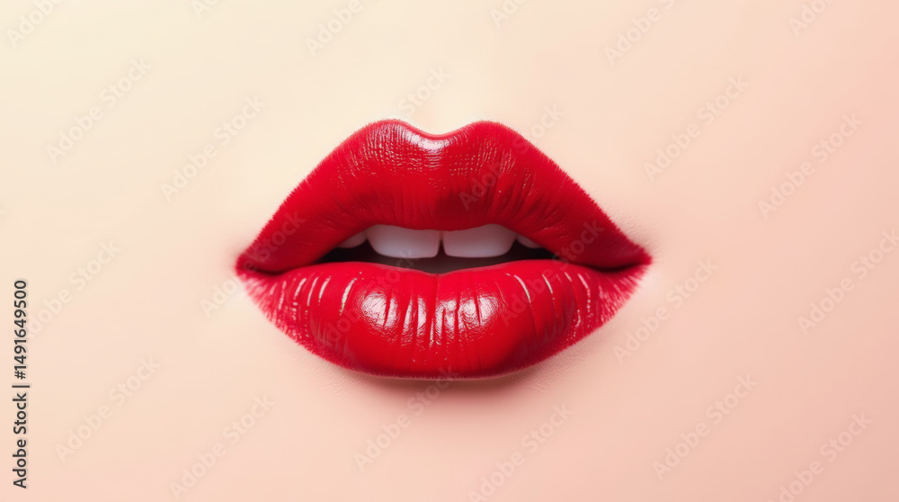 Obraz premium Glossy red lips close-up on nude background, realistic beauty makeup illustration for fashion and cosmetic design