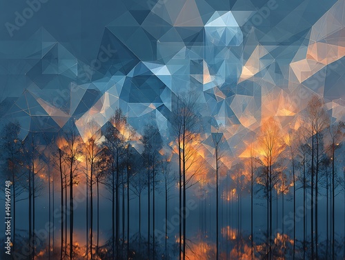 Abstract polygonal sky over a surreal forest landscape with fiery elements