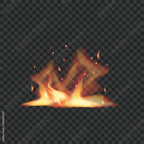 Realistic Burning Fire Flames with Sparks on Transparent Background. Vector