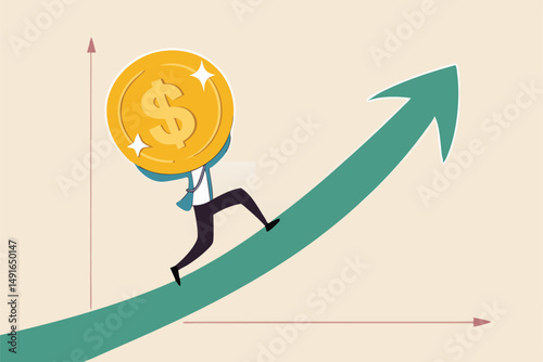 Sales increase, investment growth or earning and profit rising up, salary or revenue growing, financial prosperity concept, strong businessman investor carry golden money coin walk up rising up graph.