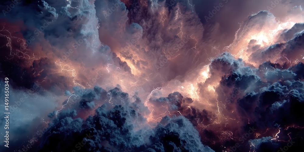 Fototapeta premium Dramatic storm clouds with lightning and vivid sky colors