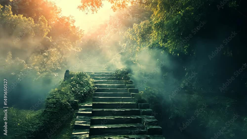 Misty stone steps ascend into a sunlit, lush forest