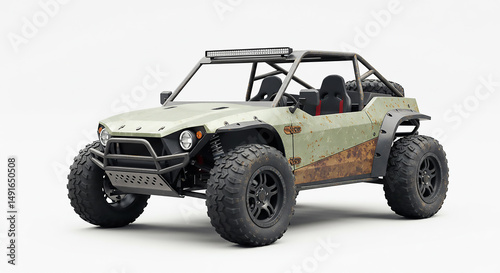 Tan off road buggy with roll cage and oversized tires on a white seamless background studio shot