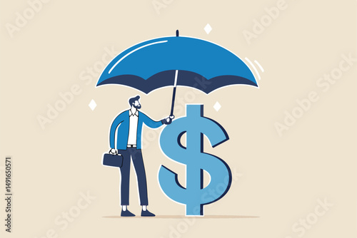 Income protection insurance, protect money or investment wealth, secure savings in economic crisis concept, confidence businessman holding big umbrella covered dollar sign money.