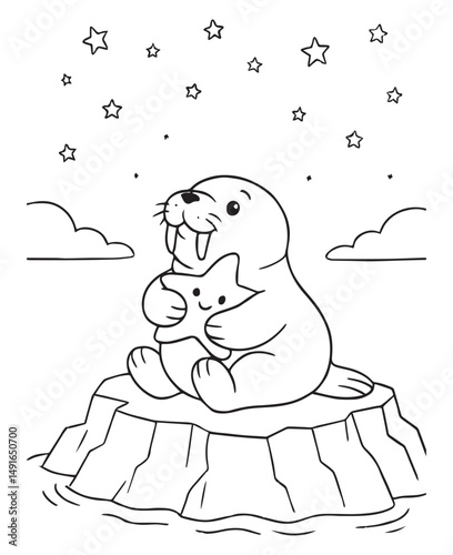 Coloring book walrus hugs a smiling star while sitting on an ice floe under a starry sky with clouds. 