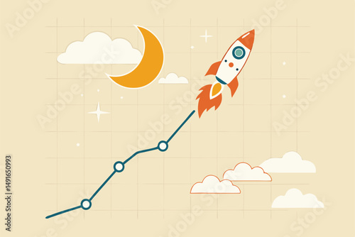 Trading stock or crypto price rising high to the moon, crypto currency value soaring sky rocket, get rich or make profit investment, rocket stock or crypto currency graph flying high to the moon.
