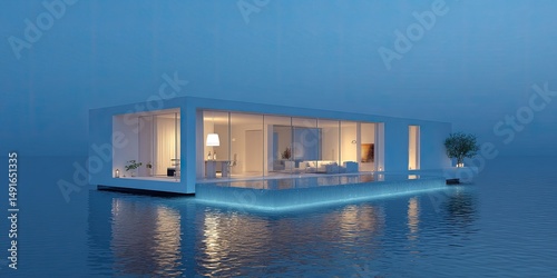Modern houseboat villa floating on water at twilight.